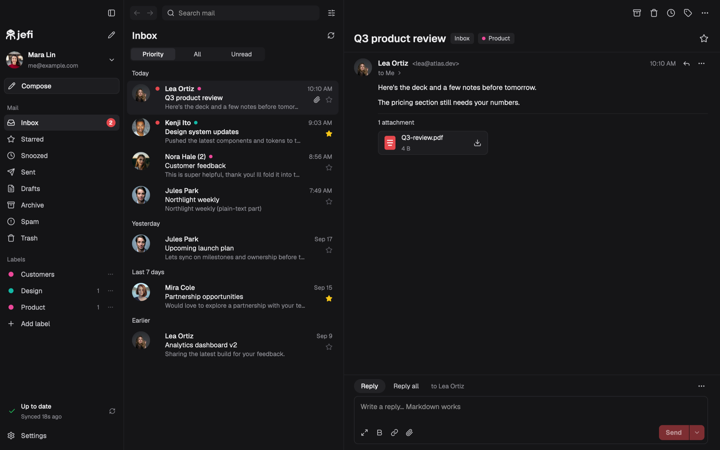 The Jefi inbox: mailboxes on the left, messages in the middle, and the open message on the right.